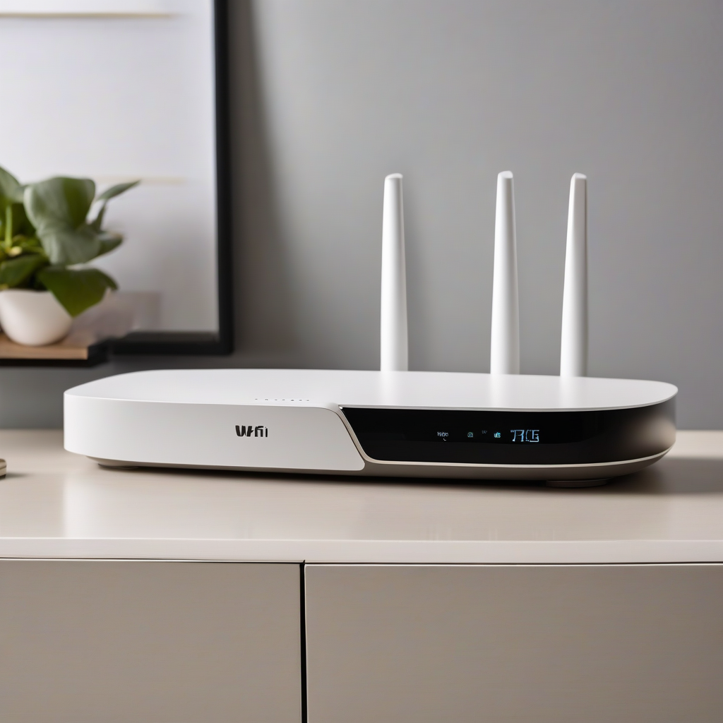 Wi-Fi 7 mesh router setup with smart home security camera in modern living room