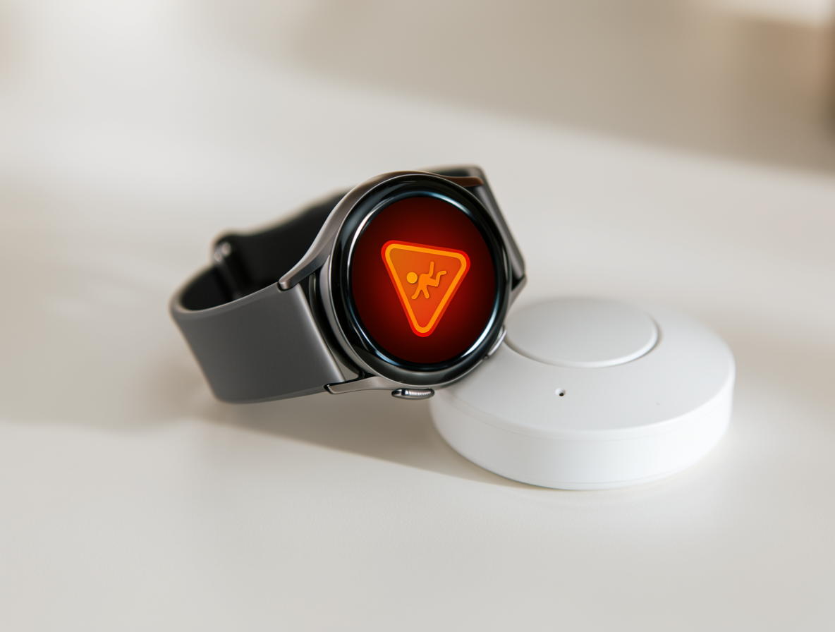 Smartwatch showing an AI fall detection alert next to a wireless security sensor