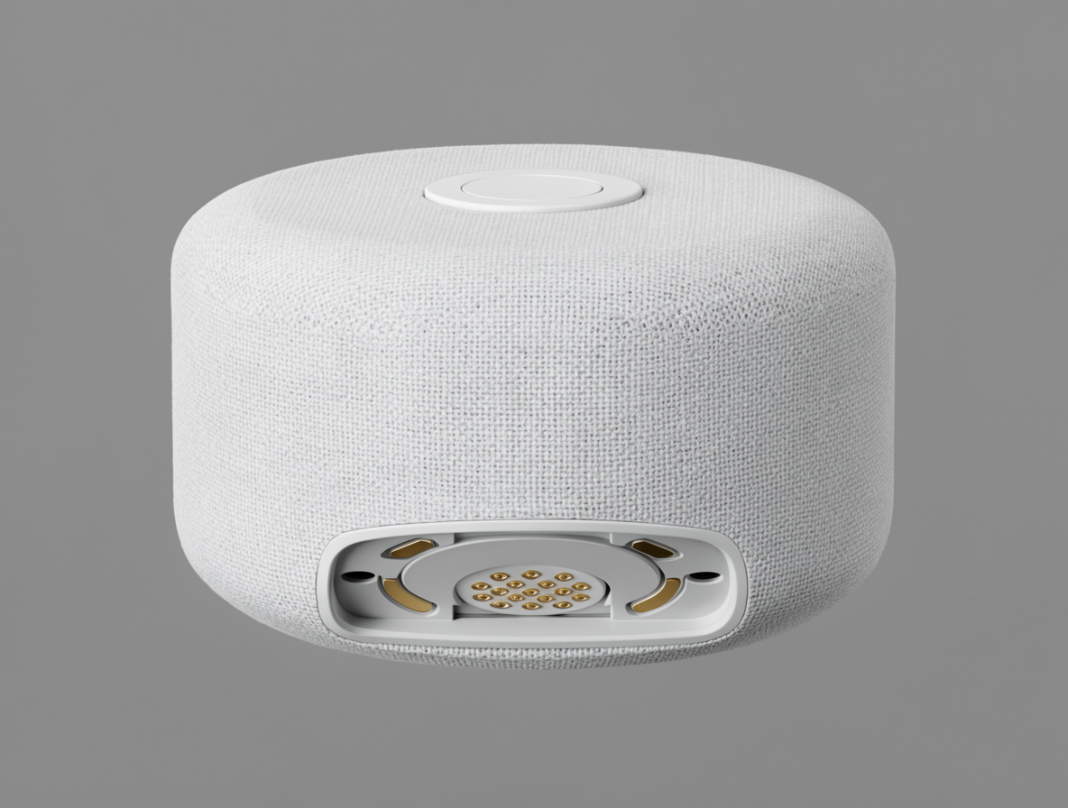 Close-up product photograph of a compact smart speaker hub device with mesh exterior and touch control ring